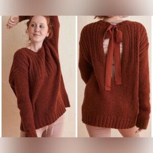Aerie Open Back Ribbon Tie Cable Knit Cozy Rust Brown Wool Blend Sweater Medium